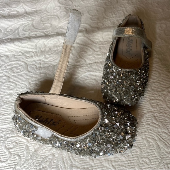 HSHTX sequin princess leather silver ballet flats with hook and loop ankle strap - Picture 6 of 10